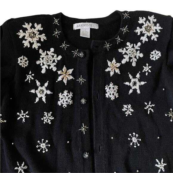Vintage 1990s Arriviste Snowflake Cardigan Sweater Beaded Embroidered Black S - Picture 2 of 12